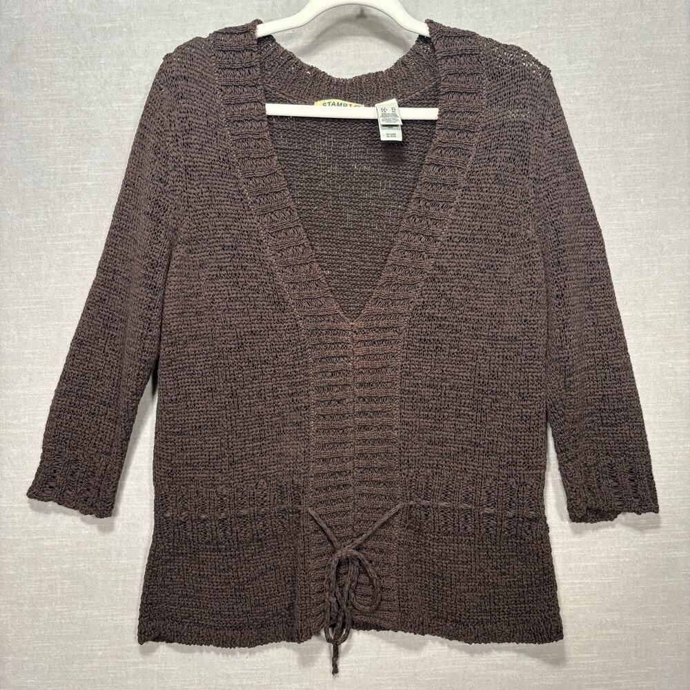 Stamp‎ 10 Brown Knit V Neck Drawstring Sweater M Cozy Minimalist Retro Neutral